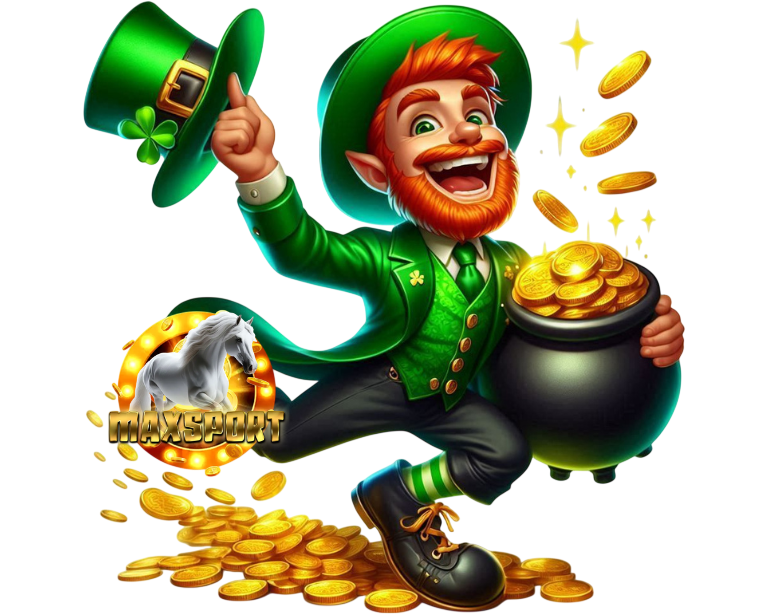 MAXSPORT ภาพการ์ตูนเลเปรอคอนสวมชุดสีเขียวถือหม้อทองและเหรียญทองกระจายรอบตัว สไตล์เกมสล็อตแฟนตาซีคาสิโนออนไลน์